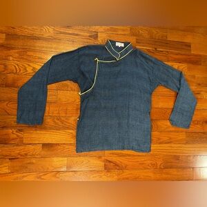 Nepalese Blue Linen Top with Gold Trim Women's Large